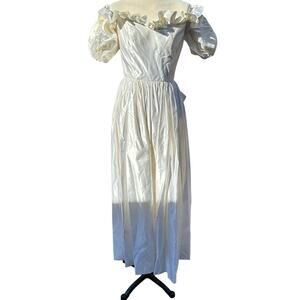 Vintage 1980s Ada Athanassiou Ivory Satin Puff Sleeve Beaded Wedding Dress XXS